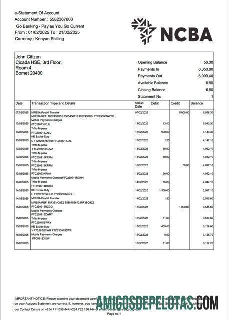 em branco Kenya NCBA Bank E Extrato de conta modelo Word e PDF